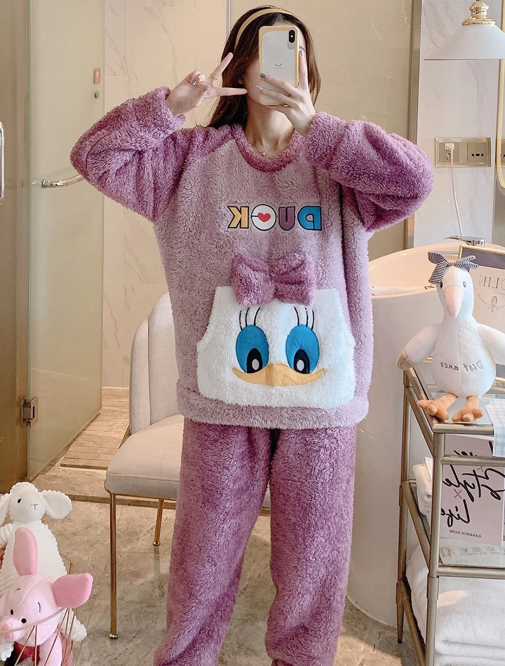 Winter Flannel Pajamas Set For Women Cute Duck Plush Soft Sleepwear Warm Thick Pyjama Two Pieces Animal Cartoon Cosplay Homewear