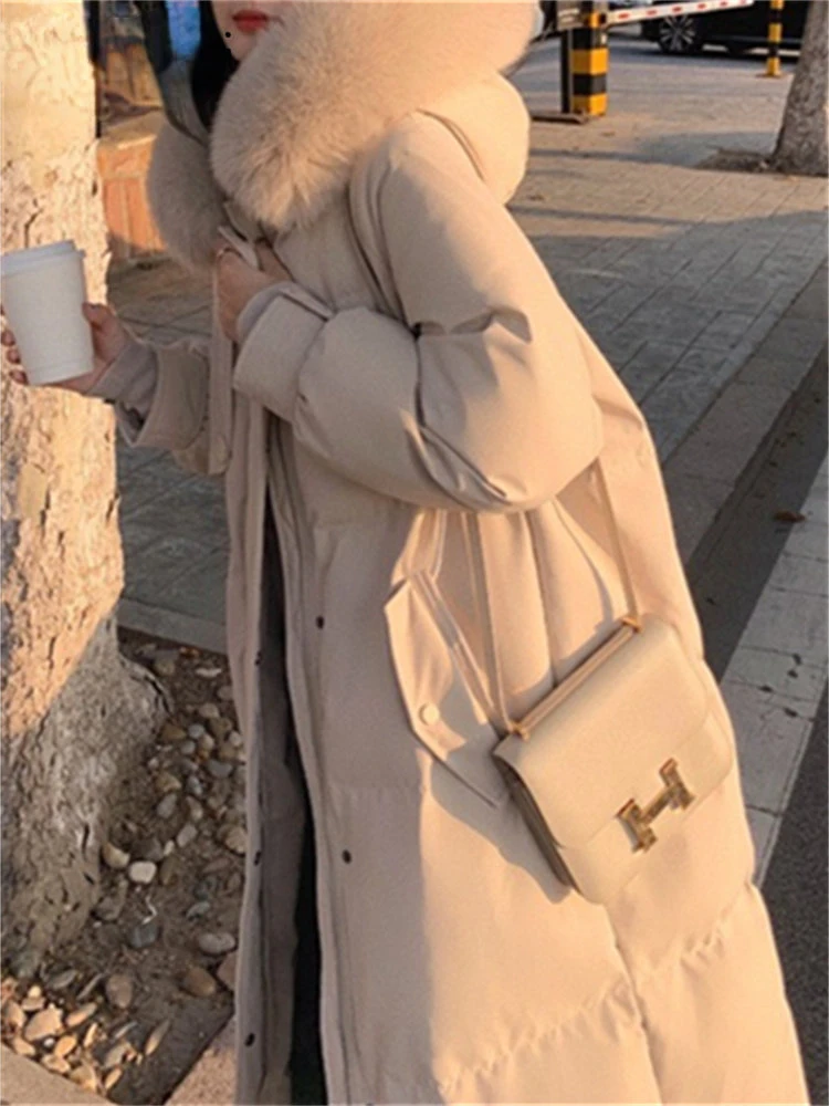 Fur Collar Hood Long Jacket for Women Fall Winter Coats 2022 Korean Fashion Casual Elegant Ladies Thicken Warm Parkas
