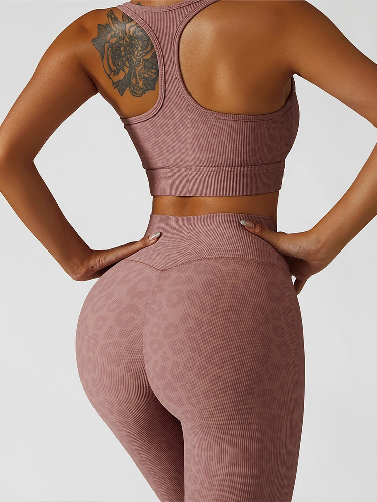 Women Leopard Seamless Racerback Sports Bra Crop Tank Tops High Waisted Tummy Control Yoga Pants Workout Butt Lifting Leggings