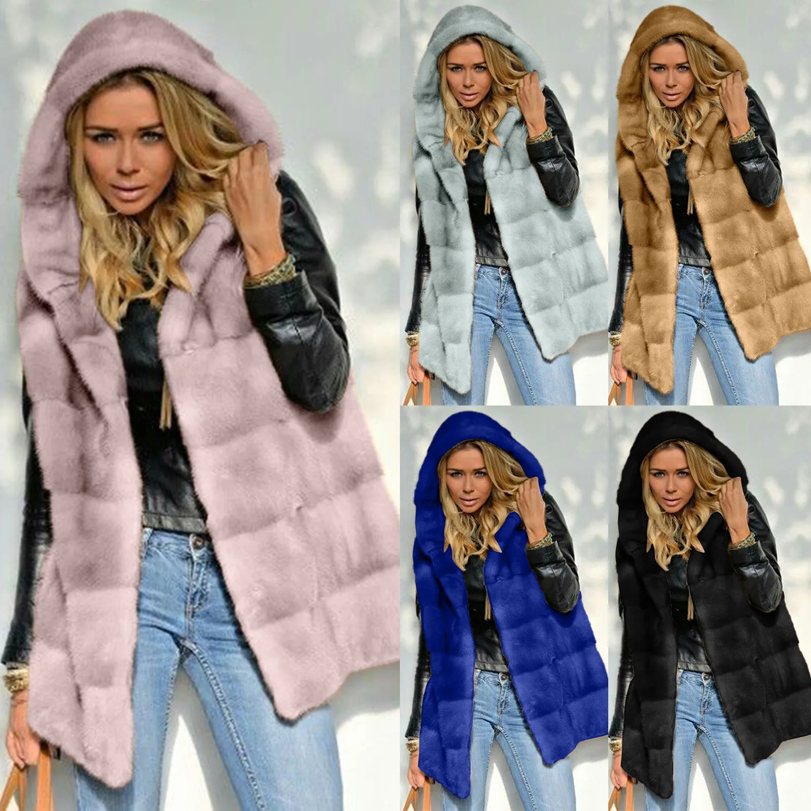 

Женский зимний плотный жилет, куртка с капюшоном из искусственного меха, жилет без рукавов, теплая куртка, повседневная пушистая верхняя од...
