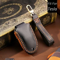 genuine cow leather car key case protection cover luxury business stitching handmade key bag for tesla model 3 model y s x
