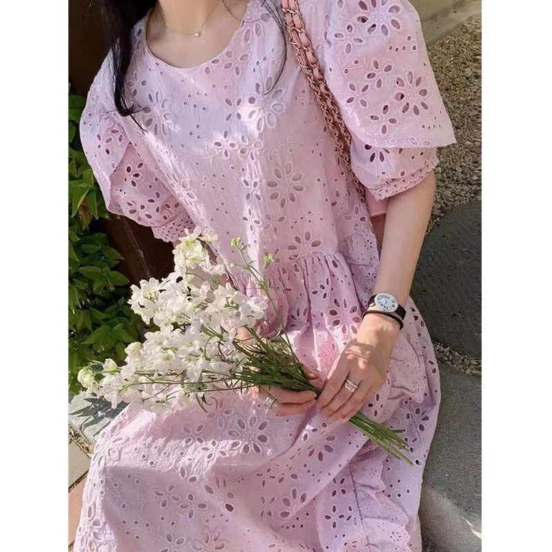 

Summer Dress Chic French Sweet Round Neck Fold Waist Heavy Industry Lace Hollow Jacquard Bubble Sleeve Long Dresses Vestido