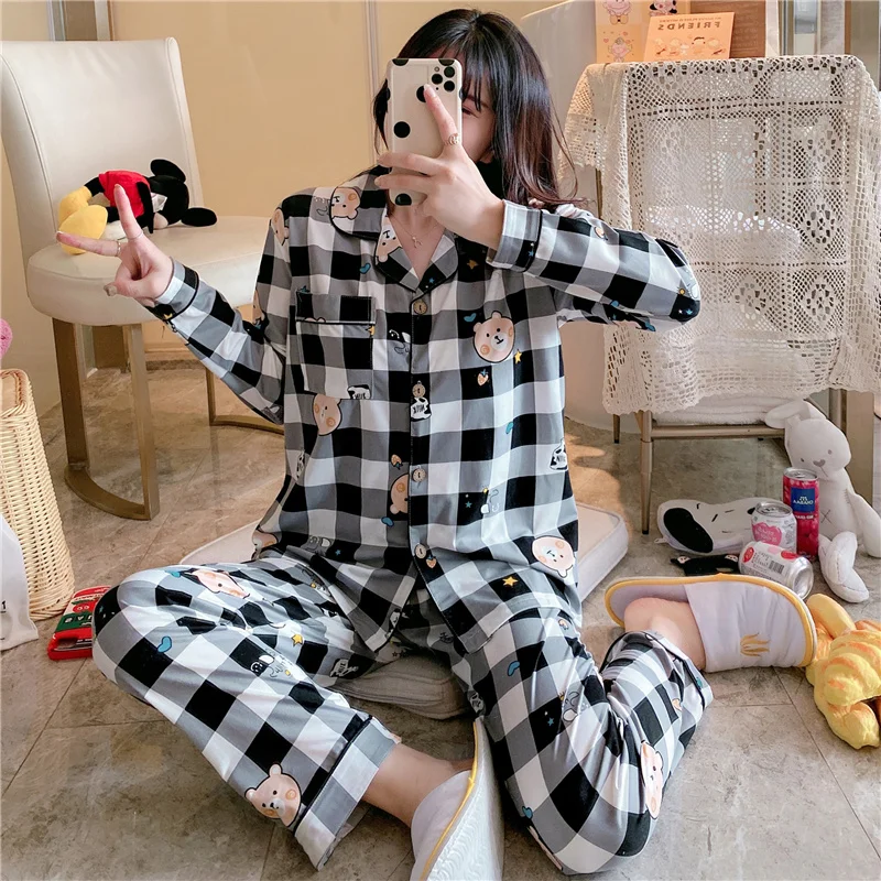 

Autumn Pajamas Women's Long-Sleeved Trousers Cardigan Korean Style Sweet and Fresh Student Homewear Pairs Long Pajama Set Black