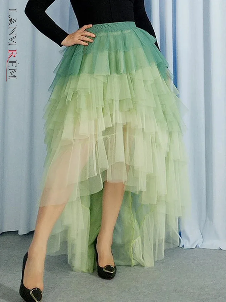 

LANMREM модная сетчатая Асимметричная юбка с оборками, Женская юбка с высокой талией, градиентные юбки контрастных цветов, новинка весны 2024, 2AA3997