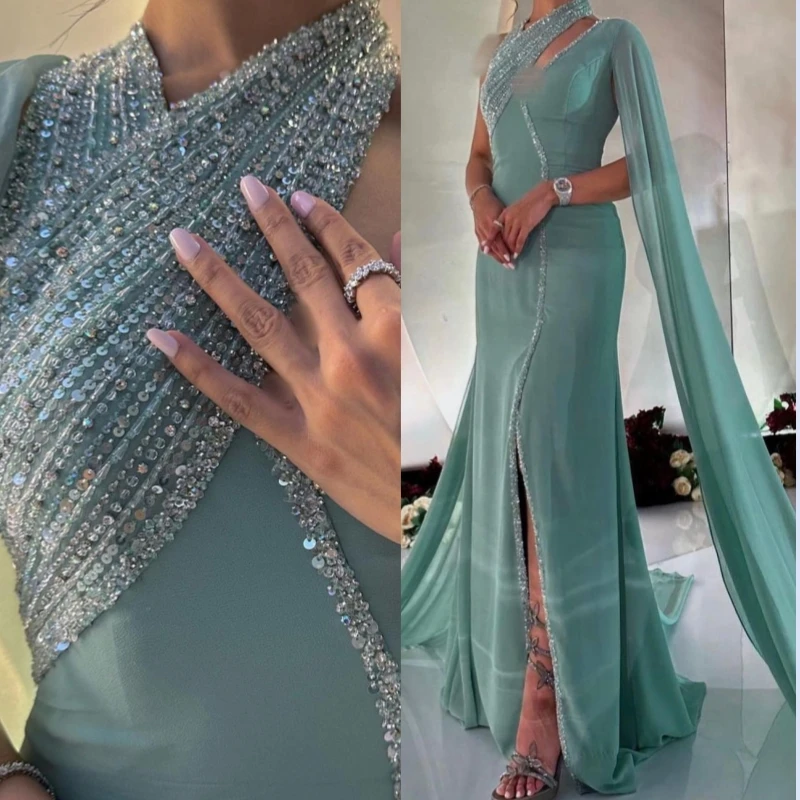 

Женское вечернее платье-русалка, зеленое элегантное платье до пола с V-образным вырезом и бусинами для выпускного вечера, коктейльное платье для особых случаев, 2023
