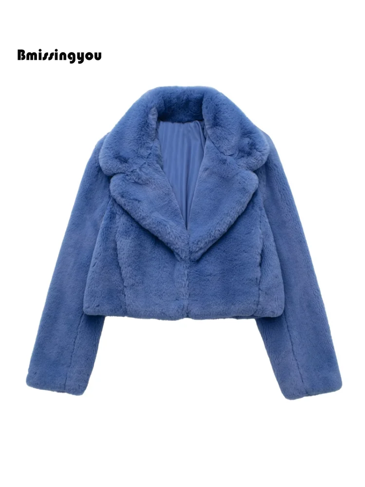 Bmissingyou Fashion Blue Fake Fur Wool Collar Coat Jacket Long Sleeve Autumn Winter Thickened Warm Women Cardigan Outwear Short