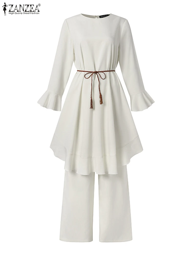 ZANZEA Fashion Work OL Suits Abaya Kaftan Women Lace-Up Solid Muslim Sets O-Neck Flare Sleeve Buttons Blouse And Wide Leg Pants