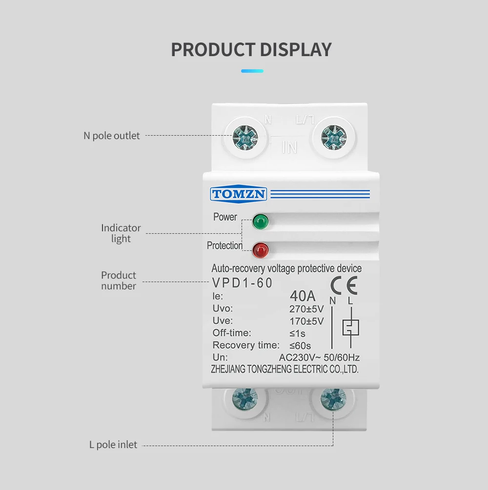 

40A 230V Din Rail Automatic Recovery Reconnect Over Voltage And Under Voltage Protective Device Protector Protection Relay