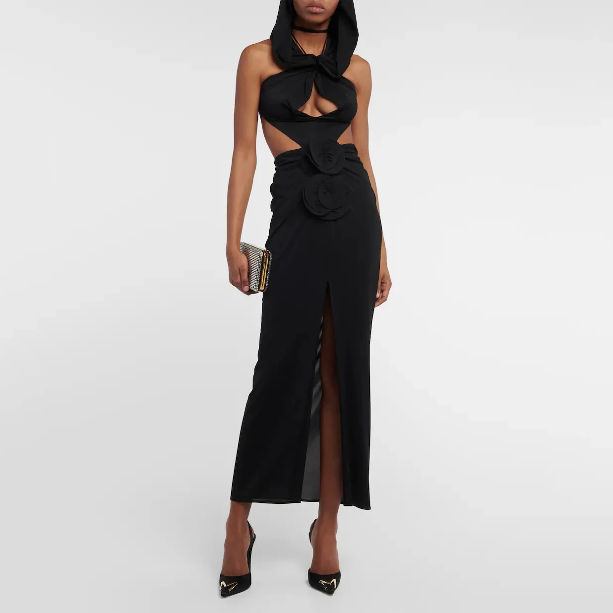 

Black fashion sexy digging hollow backless hooded formal dresses irregular rose decorated slit skirt hem long sleeveless dress