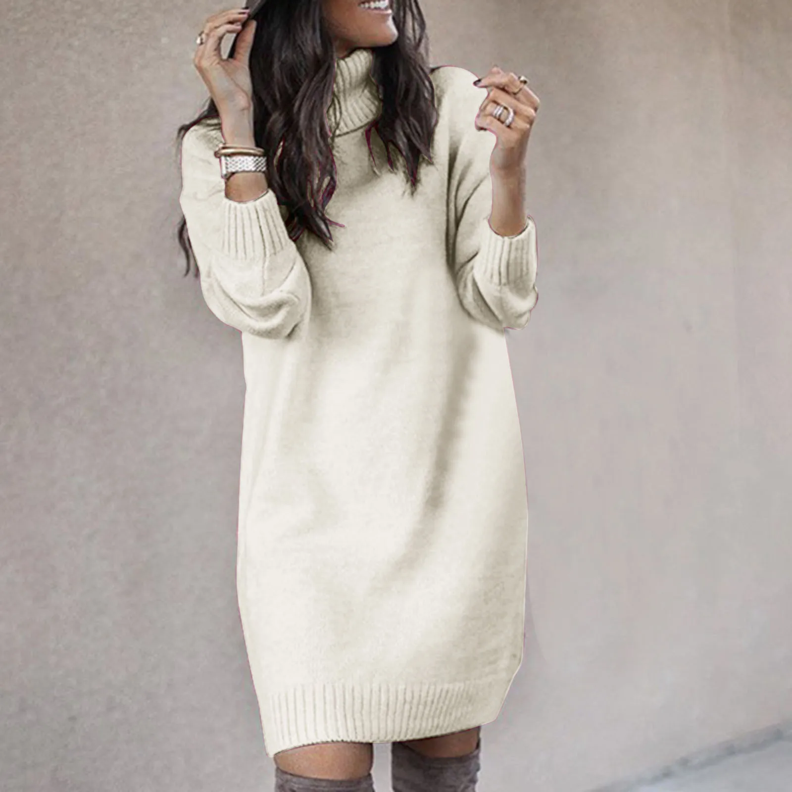 

Women's Autumn And Winter Long High Collar Top Sweater Knit Turtleneck Dress