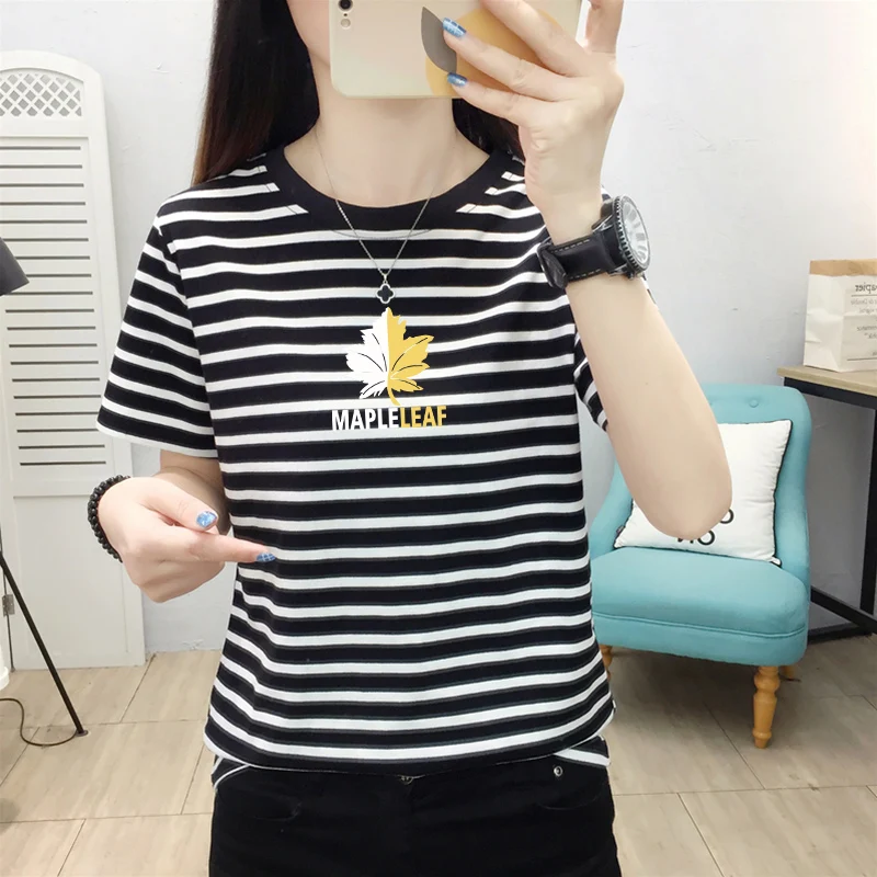 Pure Cotton Stripe Short sleeve T-shirt Women 2024 Summer New Western Sle Fashionable Print Plus size Wide Loose Shoulder F...