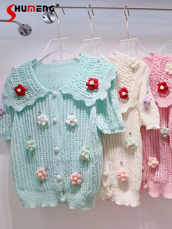 

Женский летний вязаный кардиган с коротким рукавом, новинка 2022, корейский милый свитер с объемным вязаным вырезом и кукольным воротником