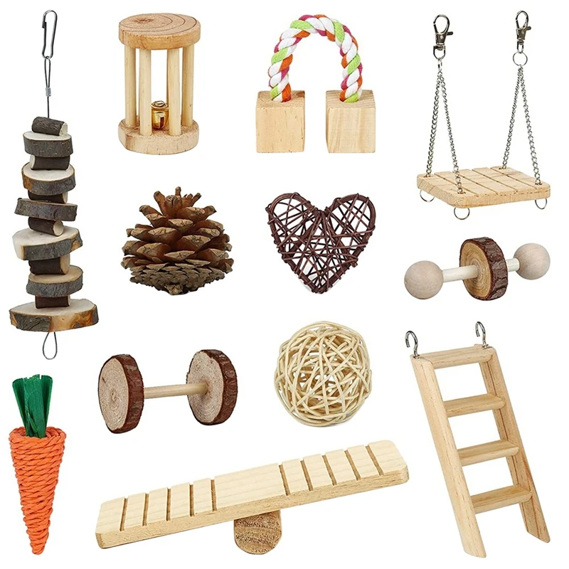 

Hamster Toys 12 Pcs, Natural Wooden Guinea Pig Toys, Syrian Hamster Chew Toy Cage Accessories Dumbbells Exercise Bell