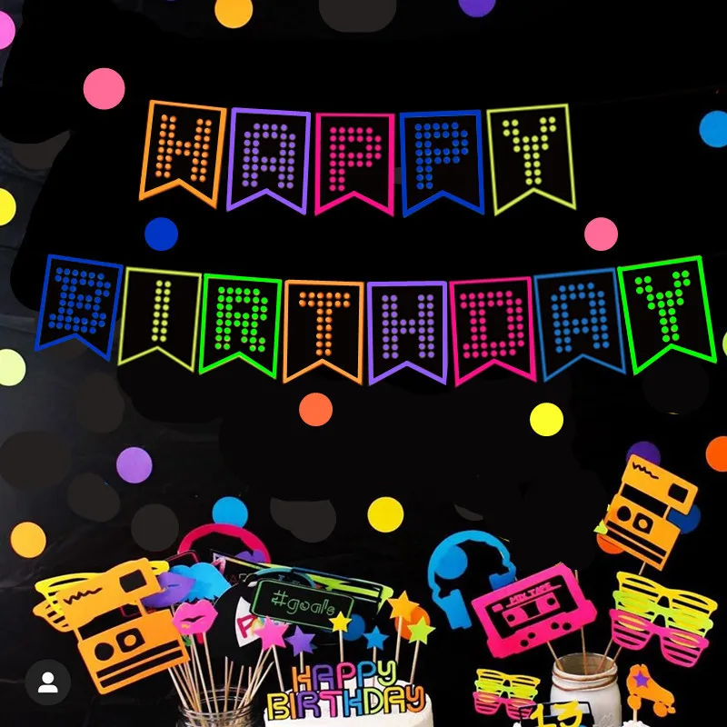 

Fluorescent Paper Happy Birthday Banner Neon Decor Five-Star Pendant Garlands Glow Fluor Birthday Neon Party Decoration