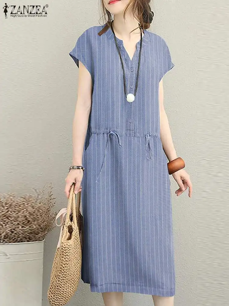 

Платье ZANZEA женское с коротким рукавом, Элегантное повседневное свободное праздничное платье-рубашка с принтом в богемном стиле, с V-образны...