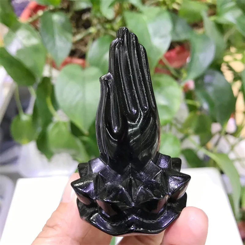 

7.4cm Natural Black Obsidian Hand Sculpture Crystal Carving Quartz Healing Energy Gemstone Crafts For Desk Decoration 1pcs