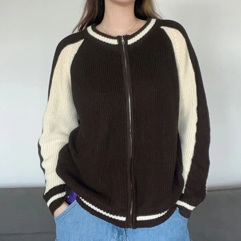 

Женский трикотажный кардиган на молнии, повседневный свободный трикотажный кардиган контрастных цветов с длинным рукавом, в винтажном сти...