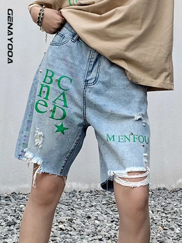 

Genayooa Streetwear Print Letter Rivet Denim Shorts Women High Waist Ripped Biker Ladies Jeans Shorts 2022 Summer Korean Punk