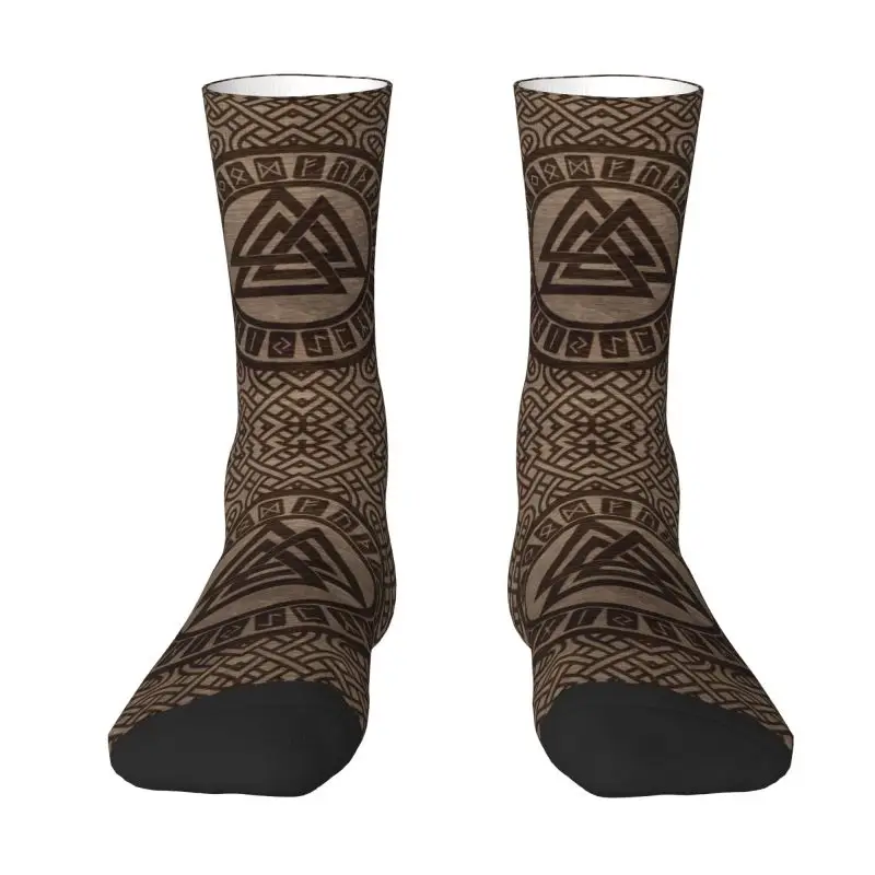 

Valknut Symbol And Runes On Wood Mens Crew Socks Unisex Funny 3D Print Norse Viking Odin Dress Socks