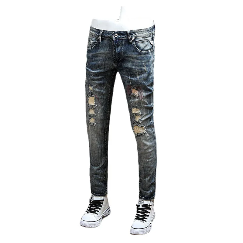 Fashion Designer Men Jeans Retro Gray Blue Elastic Slim Fit Hole Ripped Jeans Men Embroidery Patched Vintage Denim Pants Hombre