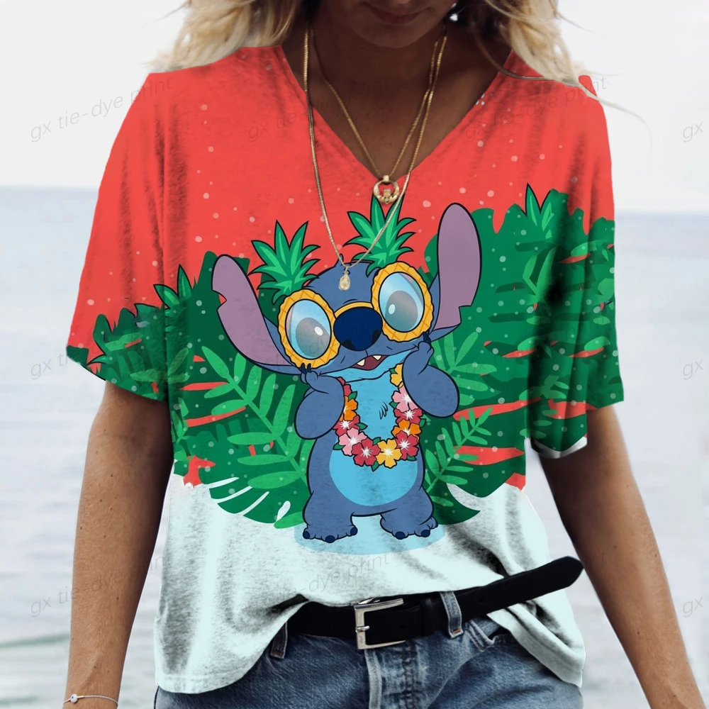 

Футболка женская с 3D-принтом «Лило и ЛиЛо», свободная рубашка с коротким рукавом, модный топ в стиле бохо, с V-образным вырезом, 3D