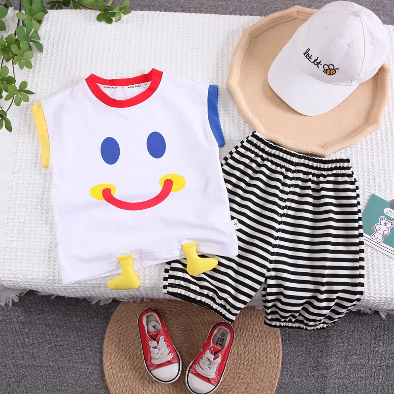 

2023 Summer Child Clothes Sets Sleeveless Print Cartoon Striped White Cute 2 Piece Sets Designer Boys Clothes Sets 18M-6T