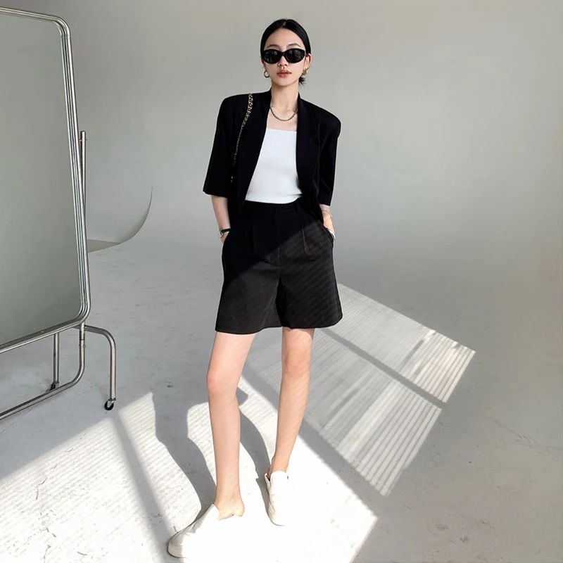 2023 Summer New Formal Two Piece Suits Women Korean Fashion Loose Short Sleeve Blazers High Waist Shorts Sets Office Ladies