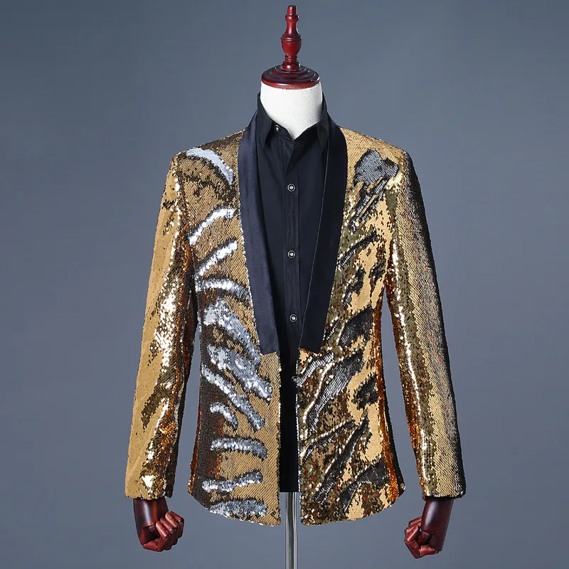 

Gold Silver Shawl Collar Sequin Blazer Men Wedding Groom Tuxedo Suit Blazer Jacket Men Stage DJ Singer Performance Costume Homme
