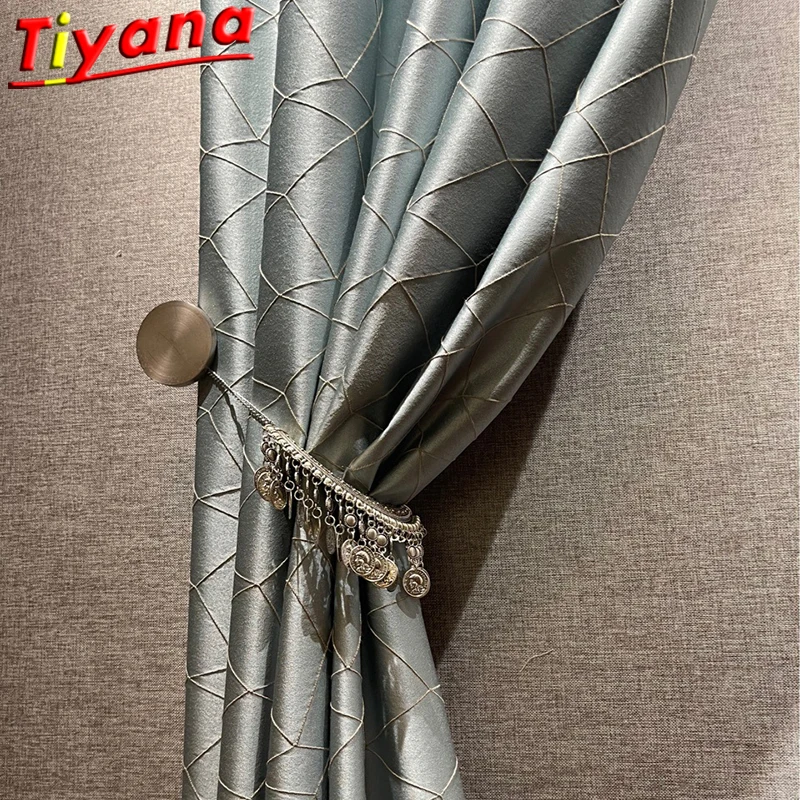 

Luxury Jacquard Blue Geometry Curtains for Living Room Modern Blackout Art Bird's Nest Pattern Window Drape for Bedroom *RX