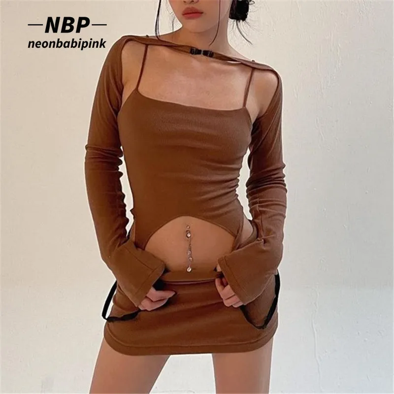 

NEONBABIPINK Sexy Two Piece Set Mini Skirts and Irregular Crop Top Y2k Aesthetic Brown Dress Sets Womens Outfits N33-CG18