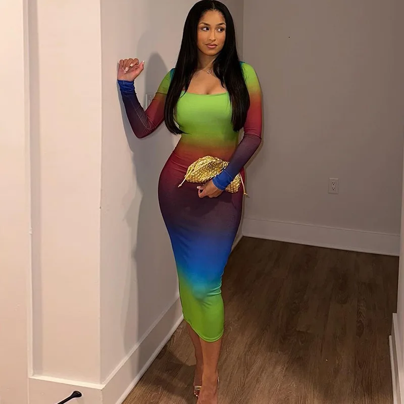 

LEOSOXS Women's tight fitting sexy gradient long sleeved dress