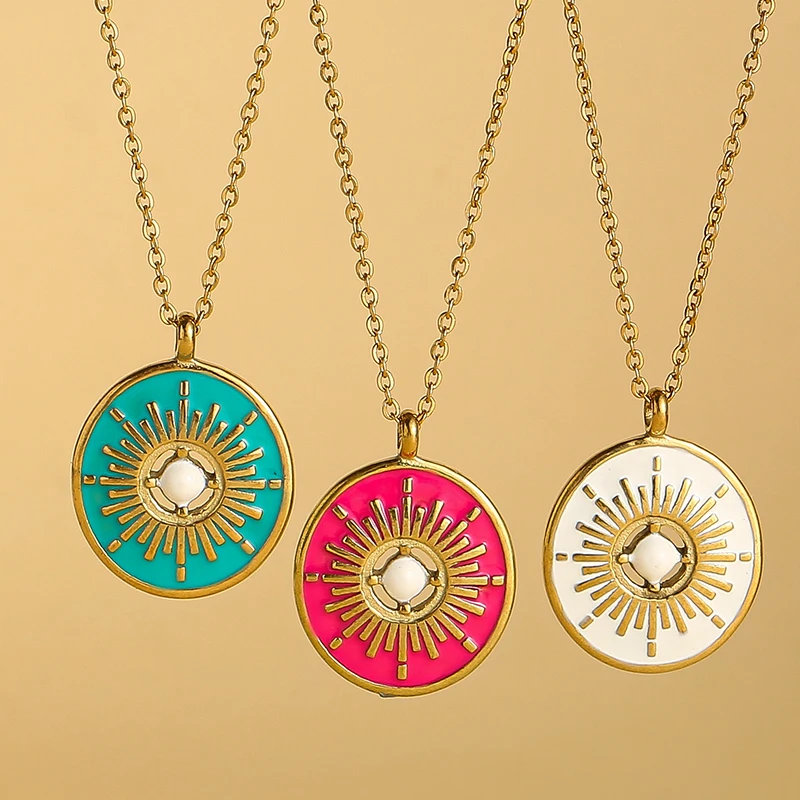 

French Vintage Titanium Steel Round Necklace For Women Oil Dripping Elegant Coin Pendant Necklace Fashion Jewelry Party Gift