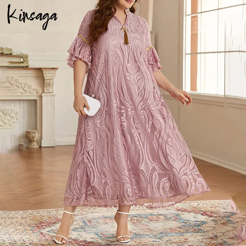 

Plus Size Maxi Loose Robe Pink A-line Dress 4xl Summer Elegant Women Luxury Ruffles Half Sleeve Evening Party Christening Dress