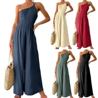 pleated high rise wide leg women jumpsuit summer straps one shoulder romper ladies outfit