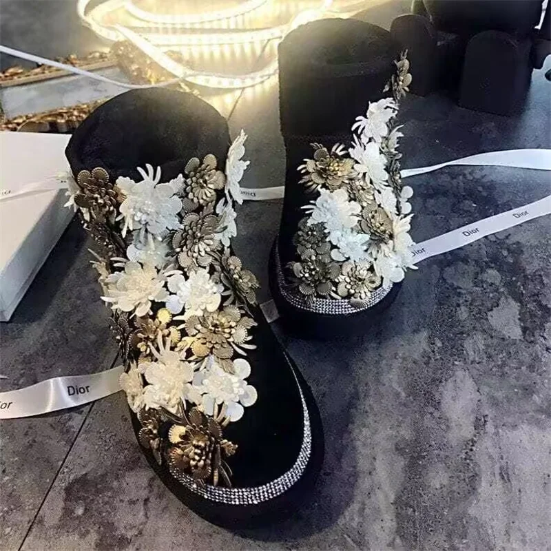 

Floral pearl rhinediamond handmade custom fur one-piece boots Winter plus fleece warm boots women's large size 35-44