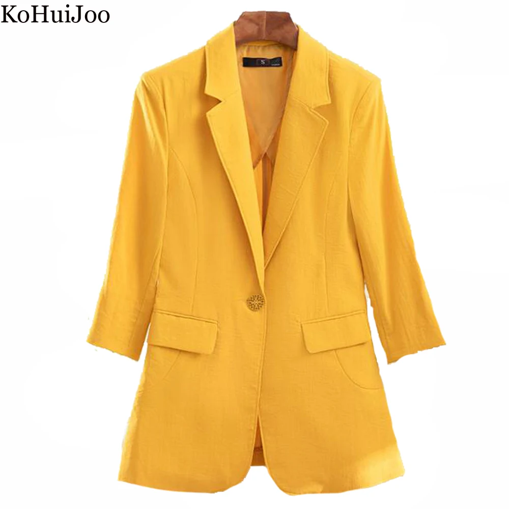 

KoHuiJoo Blazer Women For Summer 2022 Slim Solid Pockets Office Lady Coat Three Quarter Single Button White Womens Blazers 4XL