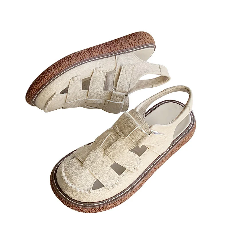 

Sandals Women Summer 2022 New PU Leather Baotou Roman Sandals Ladies Retro Hollow Woven Lady Sandals