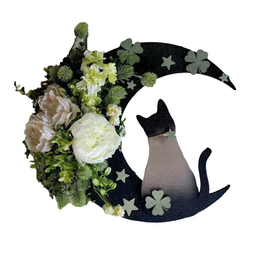 

35cm Garland Halloween Wreath Cat Pattern Wreath Crescent Moon Decoration Front Door Decor Halloween Home Decor