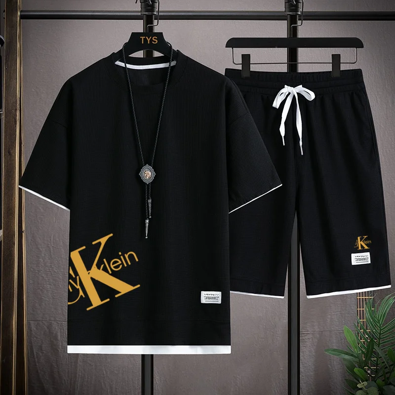 Men's Sportswear, Casual Short Sleeve Sports Suit Set of 2, Waffle Fabric T-Shirt Shorts, Korean Jogging Suit Summer Fashion