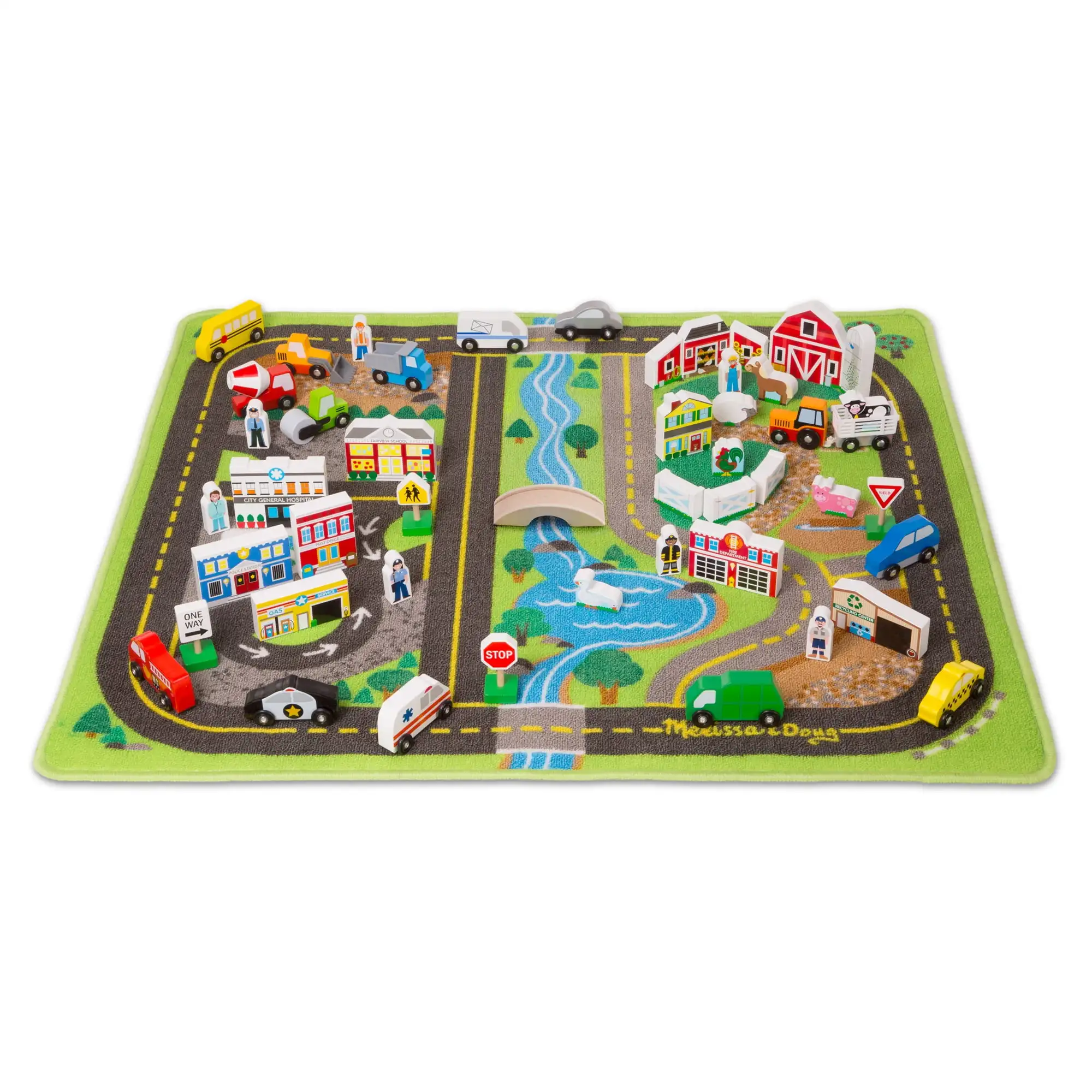 Deluxe Activity Road Rug Play Set with 49 Wooden Vehicles and Play Pieces