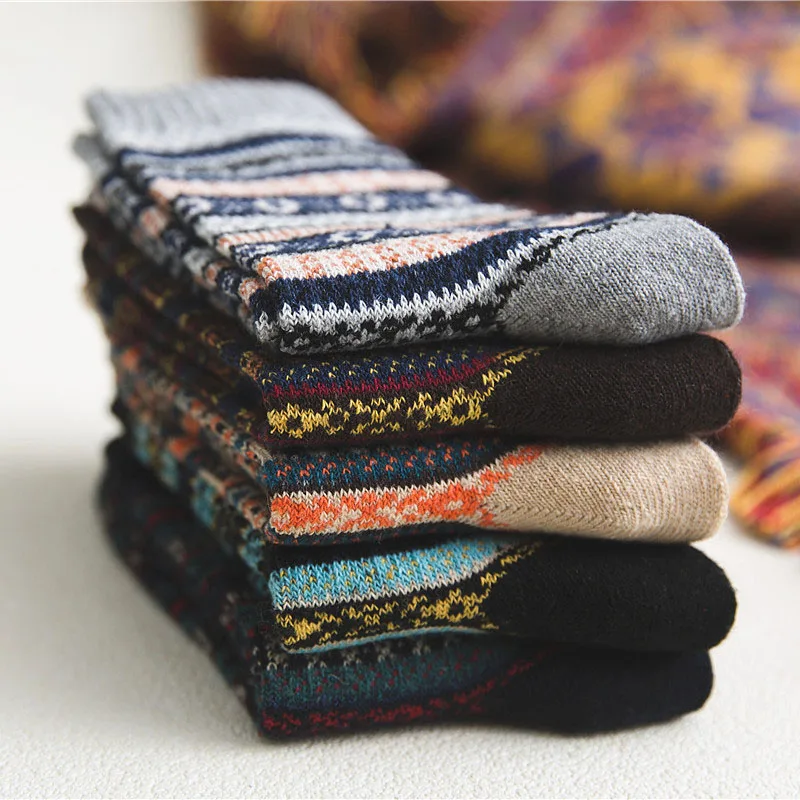 5 Pairs Autumn and Winter National Style Women and Men Wool Socks Super Thick Warm Christmas Cashmere Women Socks