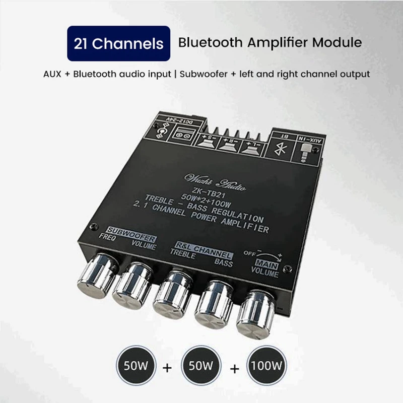 

ZK-TB21 Bluetooth Power Amplifier Board 2.1 Channel Stereo 2X50W+100W TPA3116D2 Digital Audio Power Amplifier Module