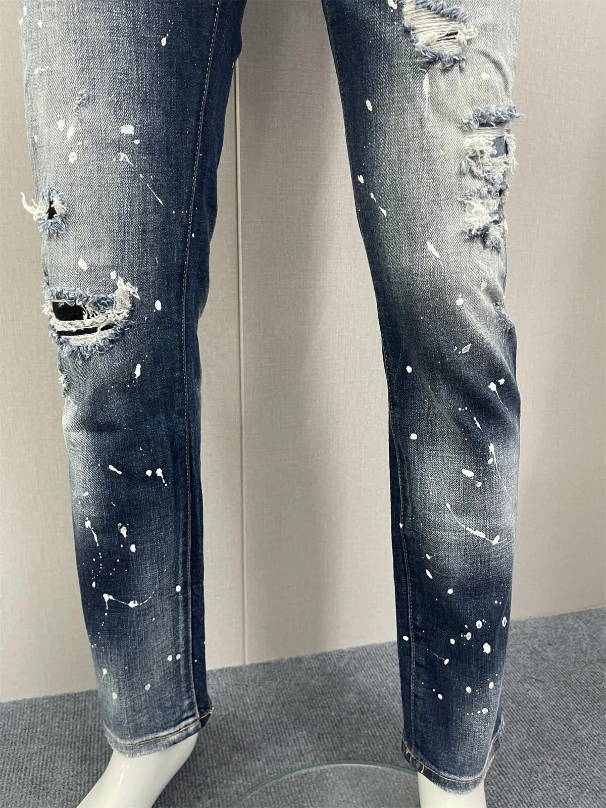 2023 Spring/Summer New Jeans Fashion Men's Water Wash Worn Hole Patch Hand Sewn Paint 3D Cut Blue Denim Pants Men