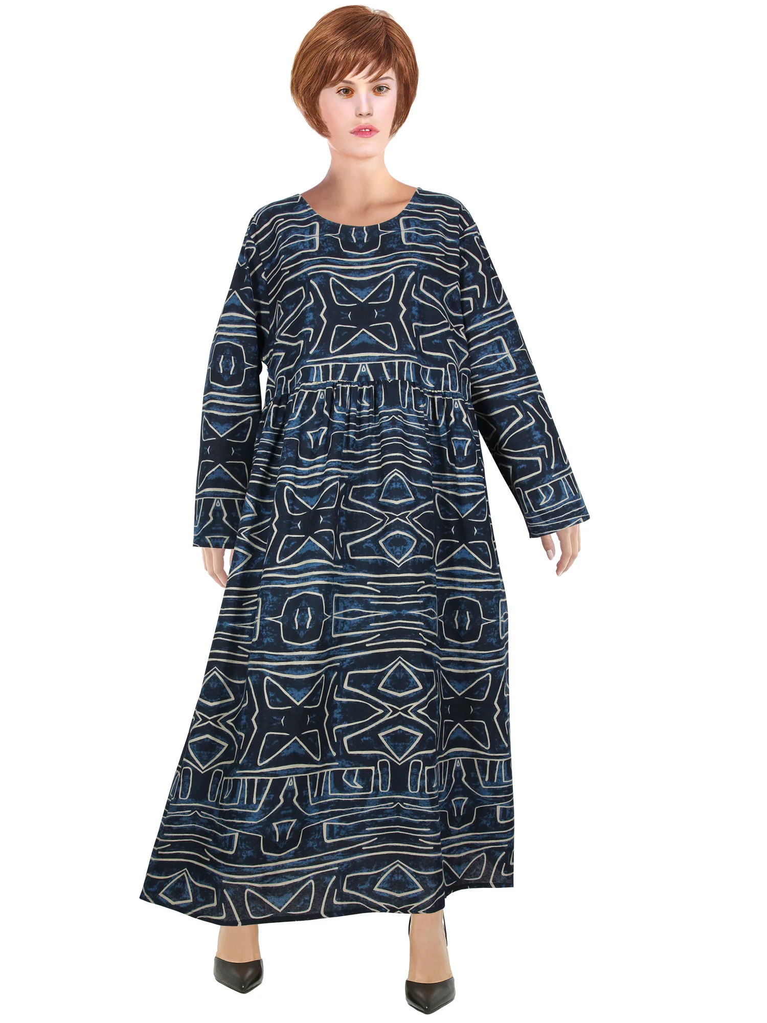 

Designer Casual Outfit Geometic Maxi Dress Vintage Pattern Long Sleeves Dress Female Literary Cotton Linen Loose Fit Robe