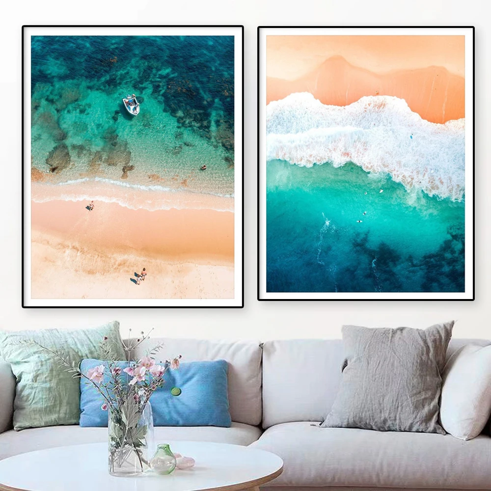 

Natural Landscape Poster Australian Beaches Prints Blue Ocean Waves Boats Canvas Painting Home Room Decoration Wall Art Pictures