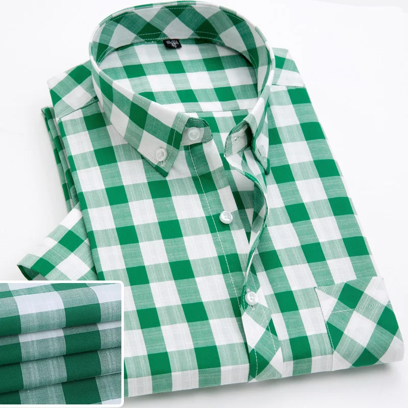 Casual 100 Cotton Plaid Short Sleeve Mens Slim Fit Poplin Soft Comfort Fashion Male Korean Clothes