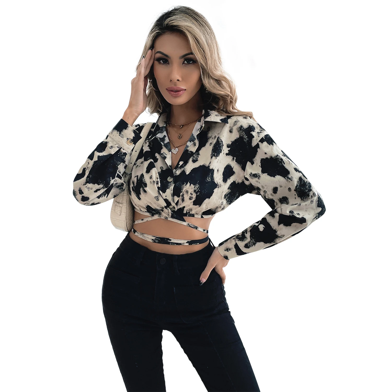 

Женские повседневные топы с принтом, верхняя футболка, женская летняя модная спортивная одежда с длинными рукавами и отложным воротником