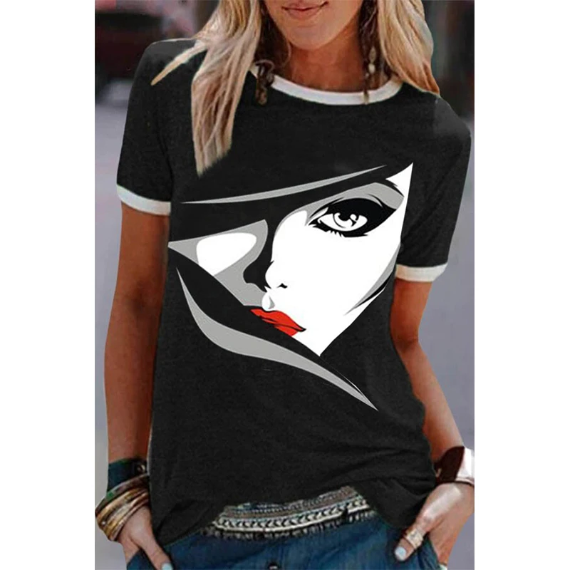 

Fashion Tops Plus Size Funny Print Short Sleeve Shirt Women O Neck Casual Abstract T Shirt Loose Vintage Oversize Tees Summer