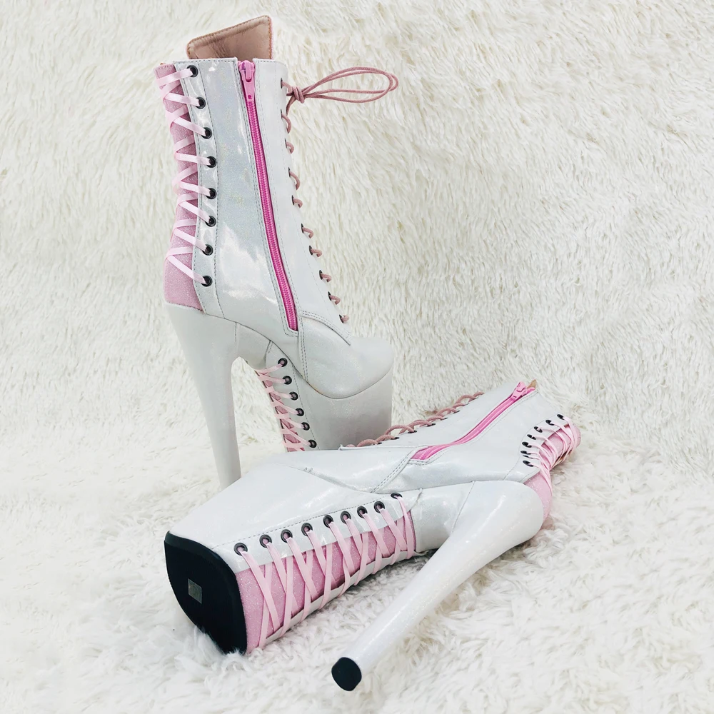 Leecabe 20cm/8inches Beautiful white with pink  color Pole Ankle High Heel platform   Pole Dancing boot