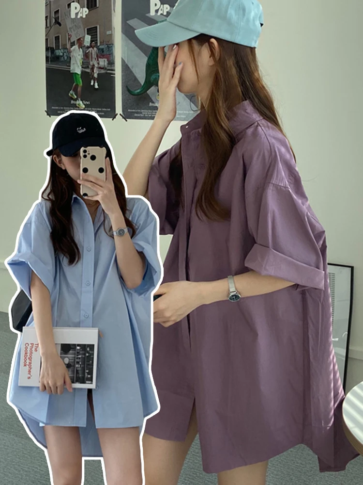 

Korean version loose oversize slim shirt skirt thin jacket women's 2023 summer new short medium sleeved cardigan top